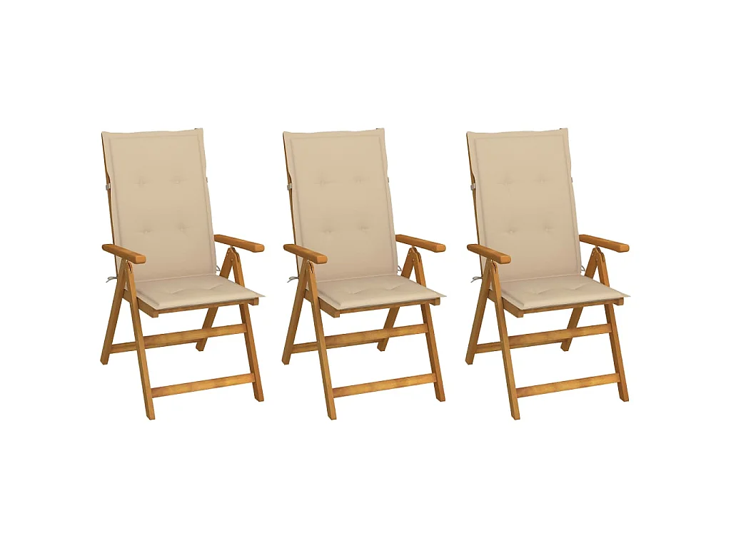 Set van 3 klapstoelen met kussens, gemaakt van massief acaciahout.