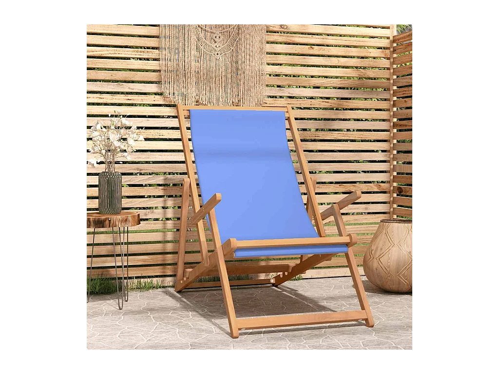 Chaise de plage pliable Bois de teck solide Bleu