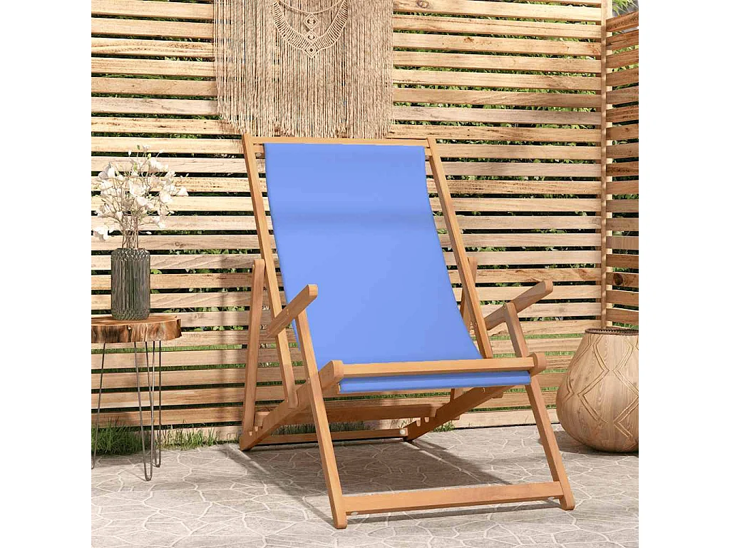 Chaise de plage pliable Bois de teck solide Bleu