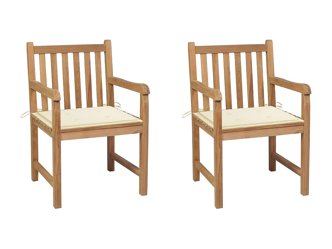 Chaises de jardin lot de 2 et coussins crème Bois teck massif