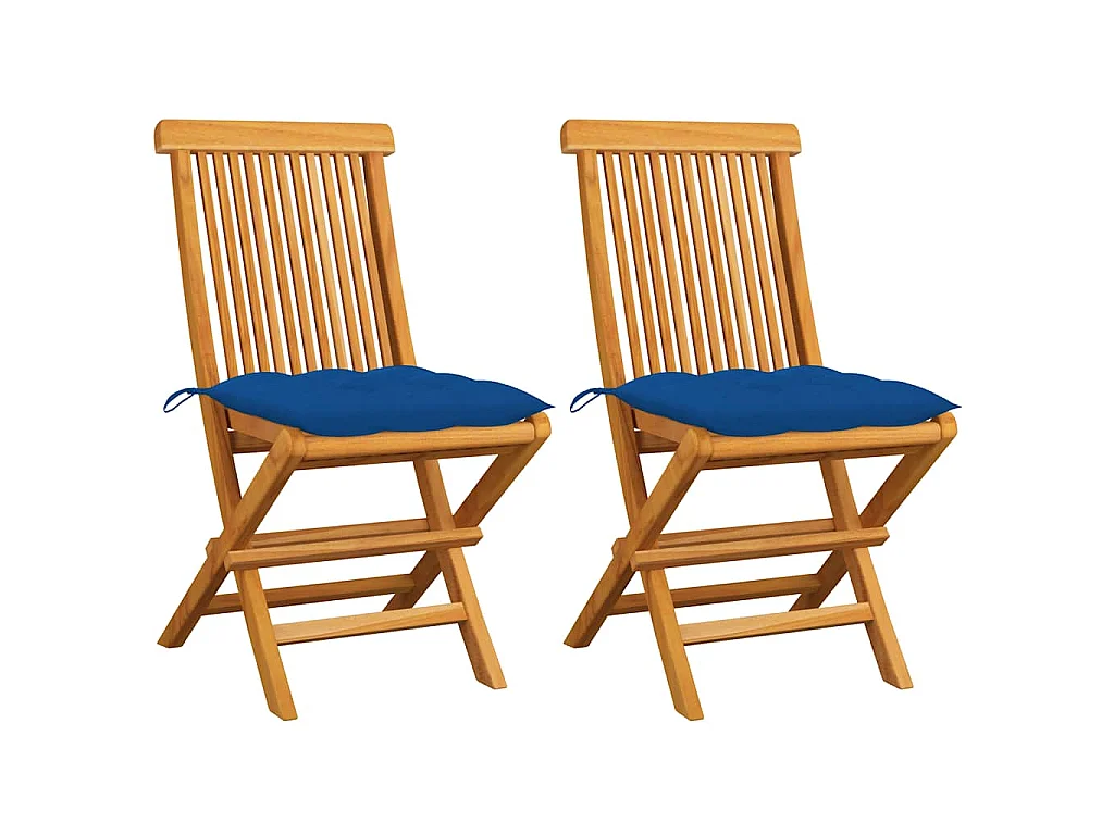Chaises pliantes avec coussins bleus, 2 pièces, en teck massif