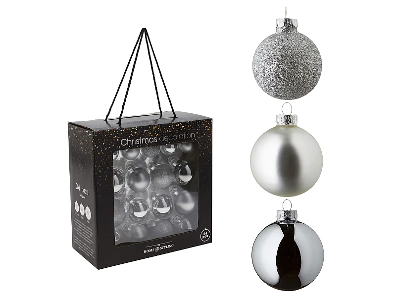 Sfere per Albero di Natale Ornamenti 34 pz Grigio Argento Vetro