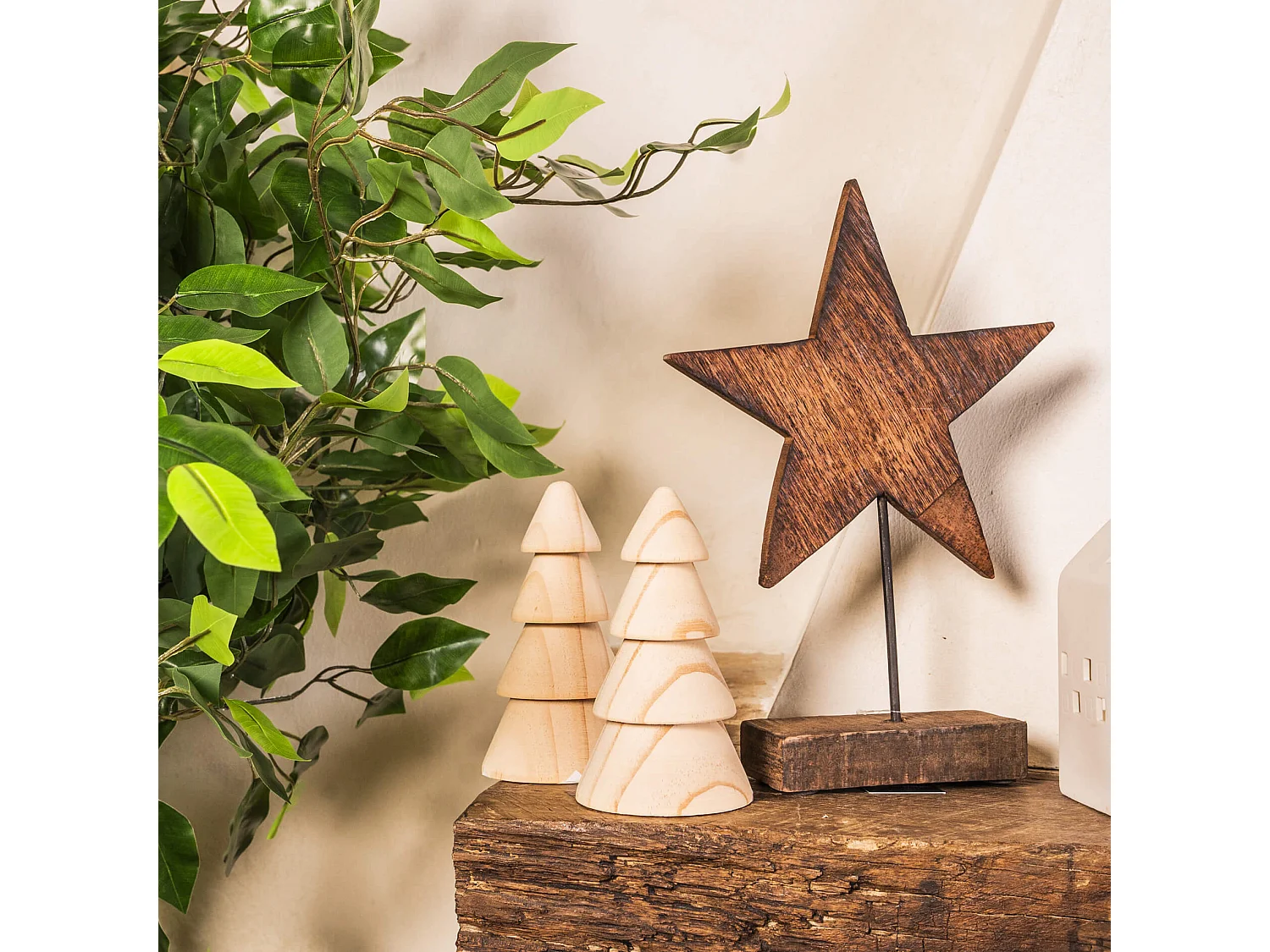 Ensemble de 2 Petits Sapins de Noël en Bois Naturel Marron Décorations de Noël Idée Cadeau