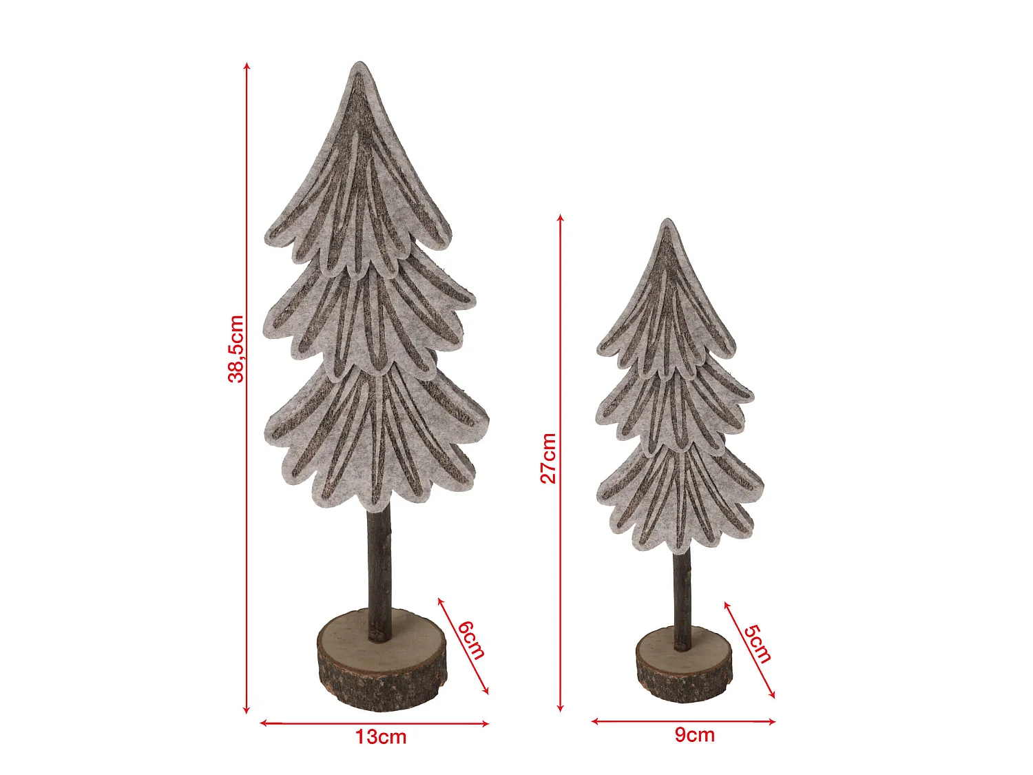 Set 2 Mini Alberi di Natale in Feltro Grigio Marrone con Base in Legno