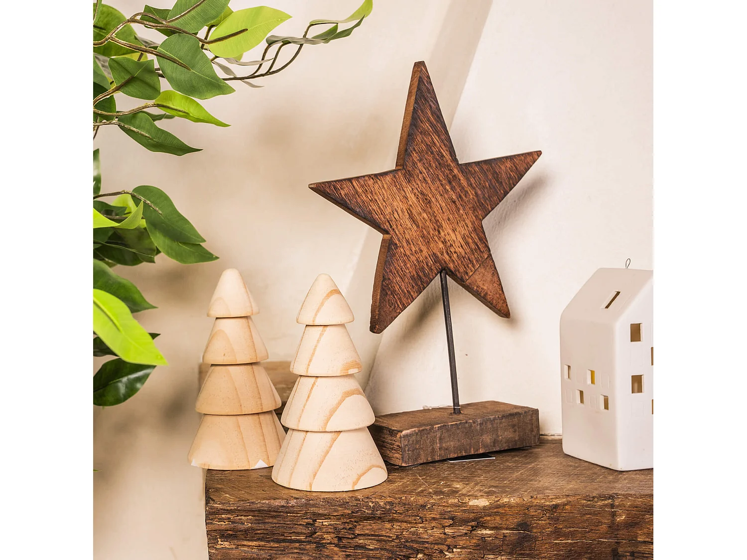 Étoile en Bois Marron avec Support Décoration de Noël