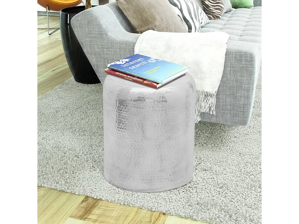 Taburete/mesa de centro de aluminio martillado plateado