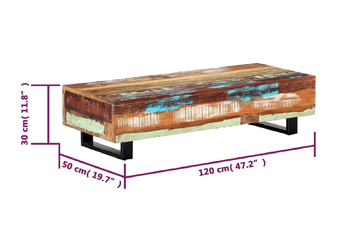 Tavolino da Caffè 120x50x30cm Legno Massello Recuperato Acciaio
