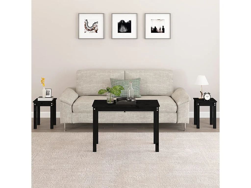 Tables gigognes 3 pcs Noir Bois de pin massif