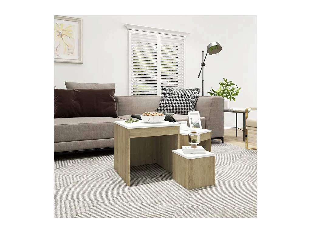 Tables gigognes 3 pcs Blanc et chêne sonoma Bois d’ingénierie