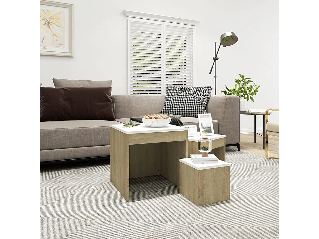 Tables gigognes 3 pcs Blanc et chêne sonoma Bois d’ingénierie