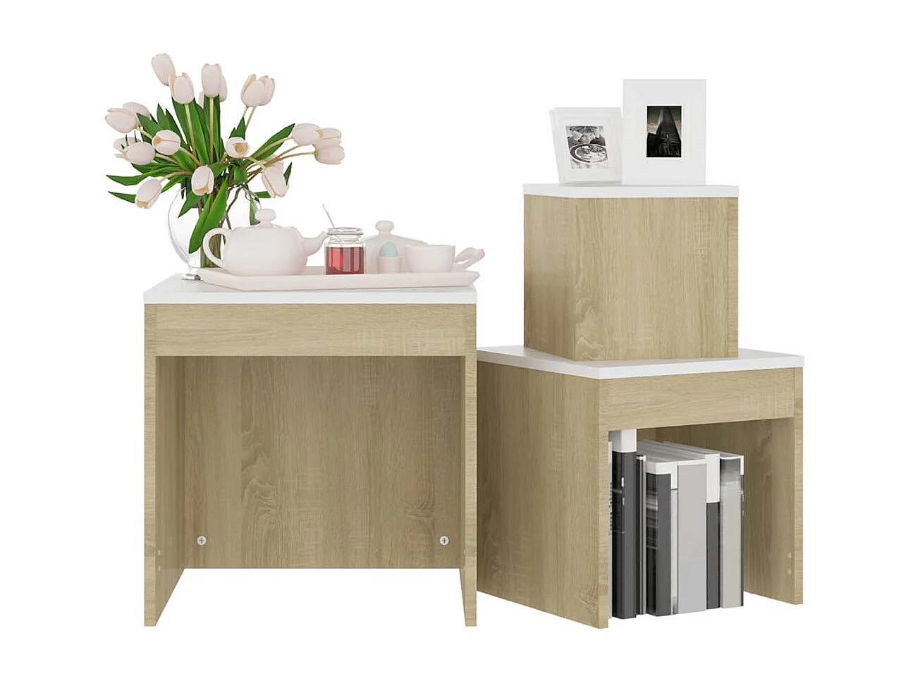 Tables gigognes 3 pcs Blanc et chêne sonoma Bois d’ingénierie