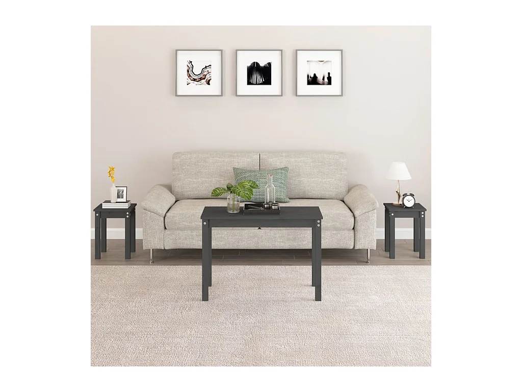 Tables gigognes 3 pcs Gris Bois de pin massif
