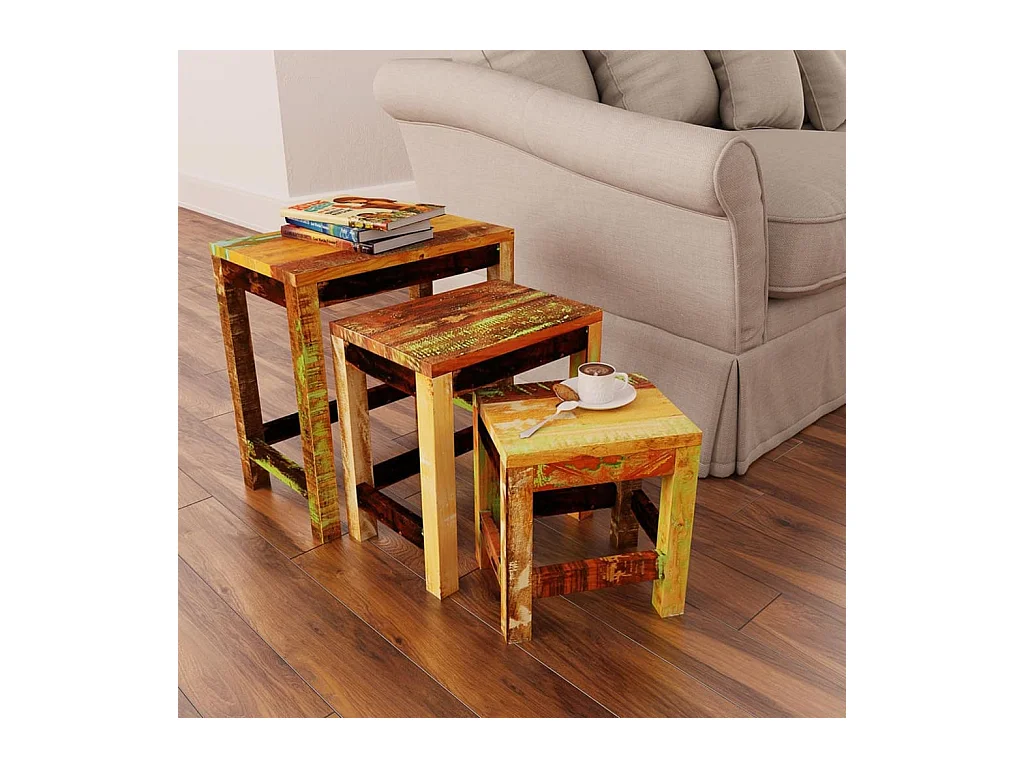 Tavolini Impilabili Set 3 pz in Legno Vintage di Recupero