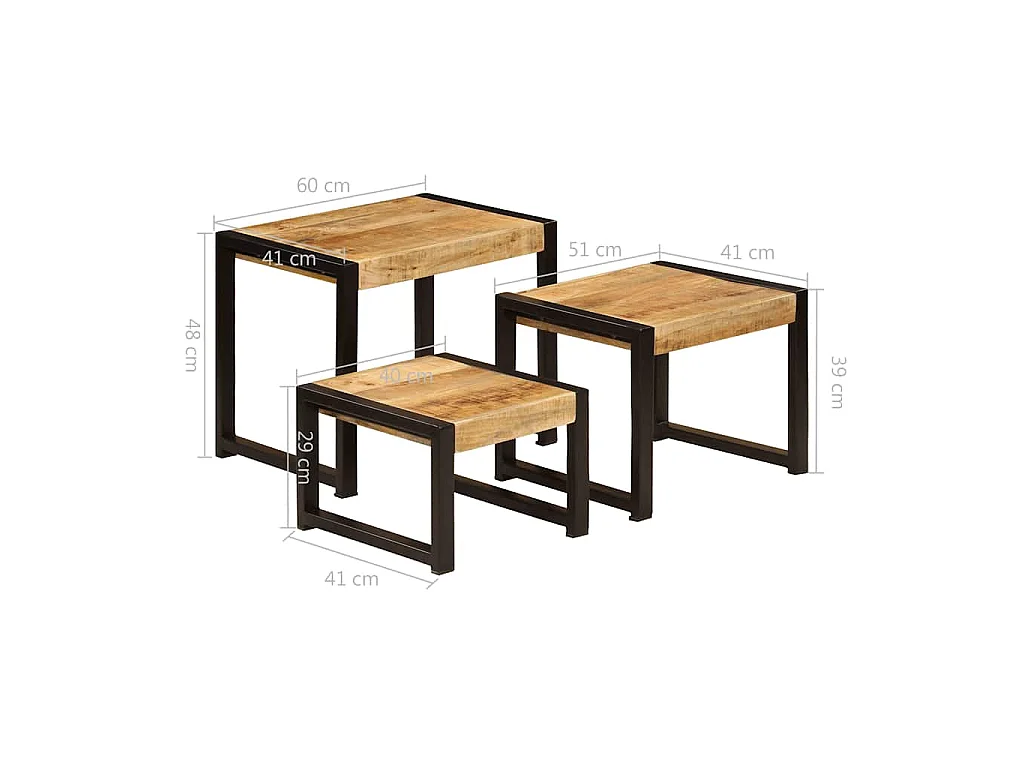 Mesas de encastrar 3 pcs madeira de mangueira maciça