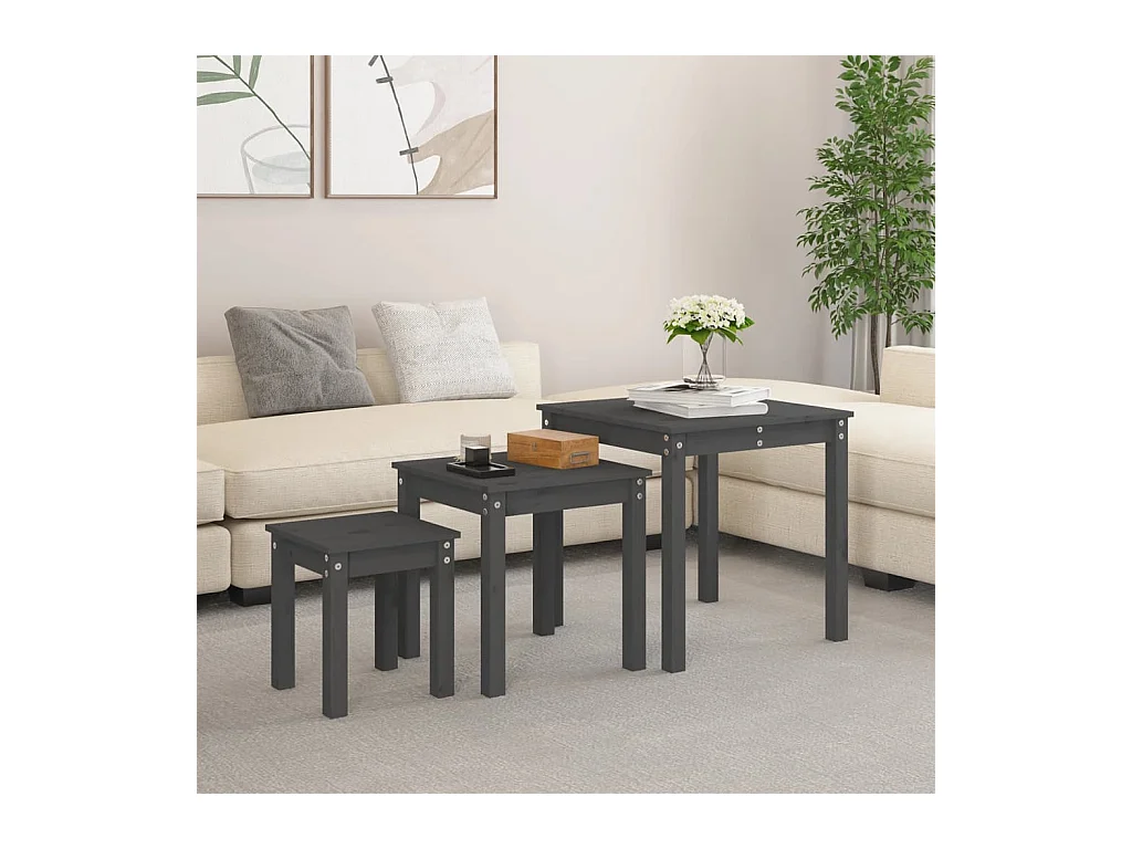 Tables gigognes 3 pcs Gris Bois de pin massif