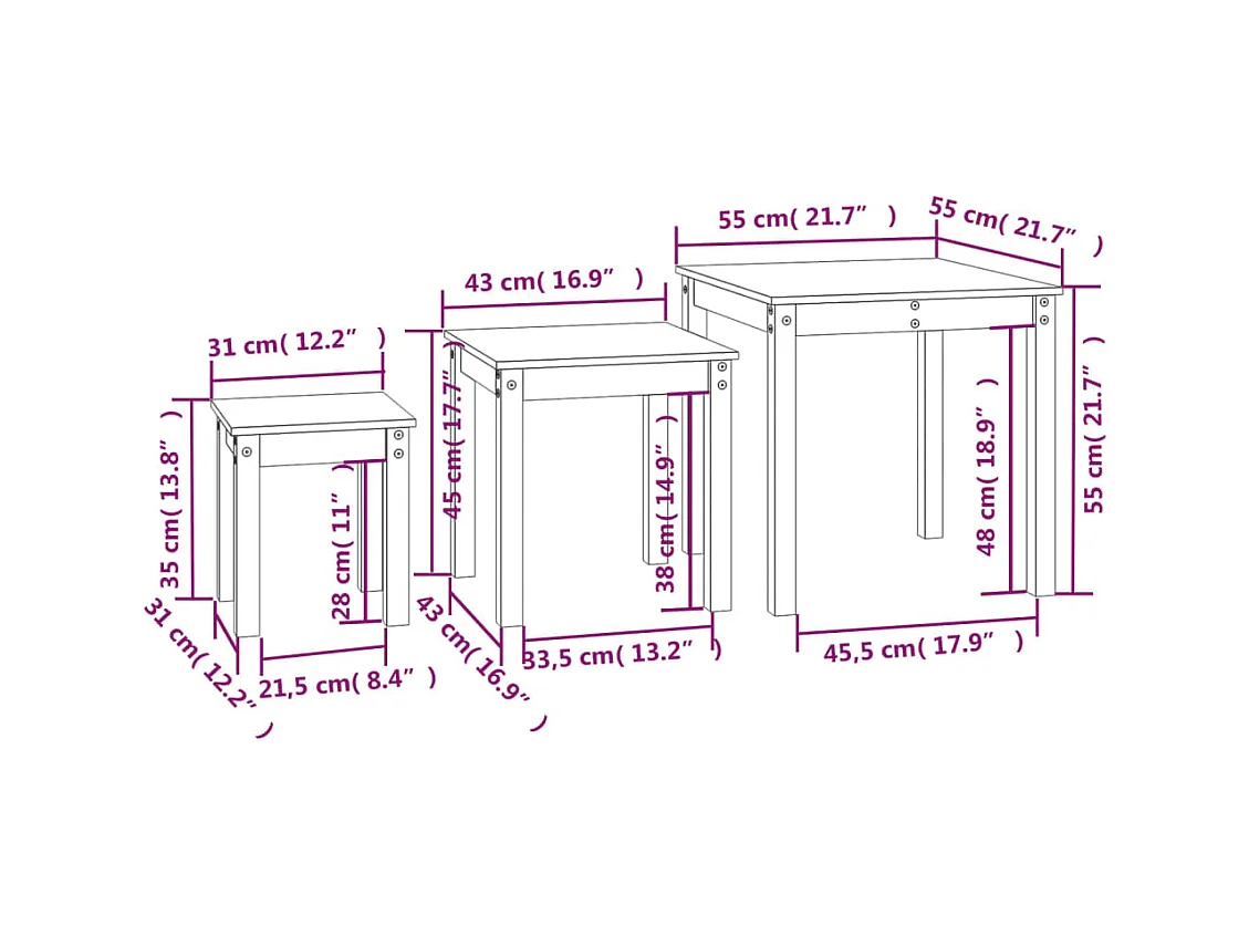 Satztische 3 Stk. Grau Massivholz Kiefer
