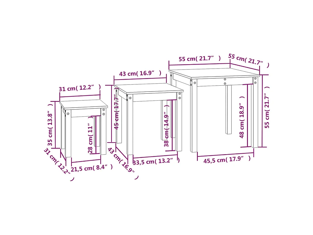 Tables gigognes 3 pcs Gris Bois de pin massif