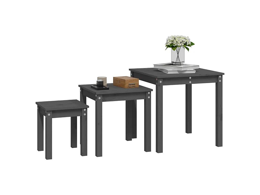 Tables gigognes 3 pcs Gris Bois de pin massif