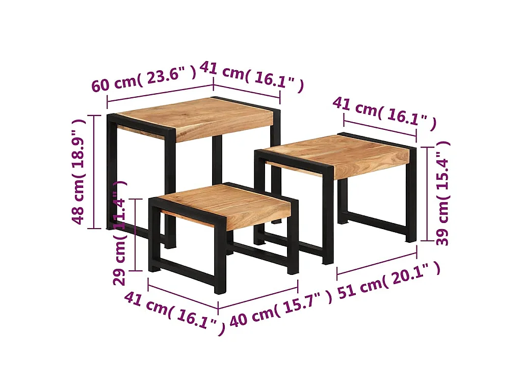 Tafeltjesset 3 st massief hout