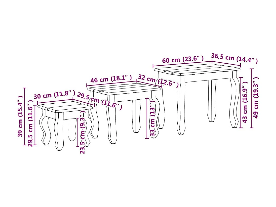 Ensemble de tables gigognes 3 pcs bois d'acajou massif