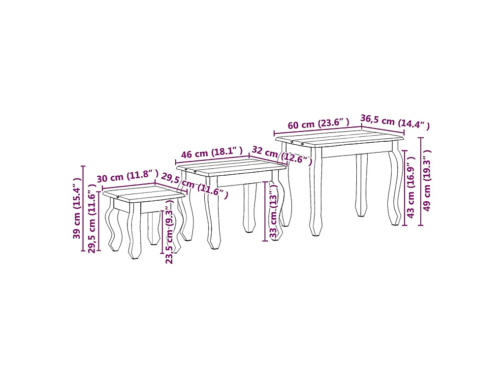 Ensemble de tables gigognes 3 pcs bois d'acajou massif