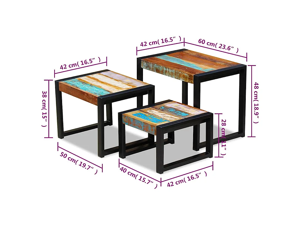 3-delige Tafeltjesset massief gerecycled hout