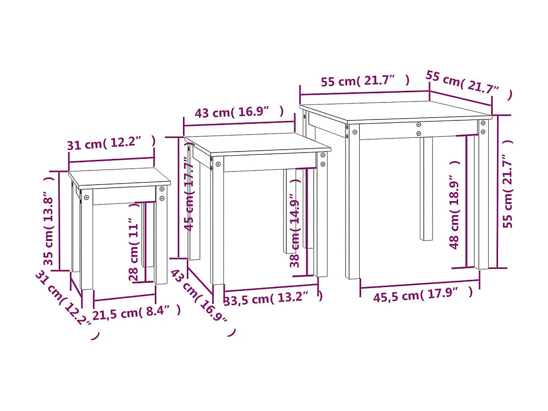 Tables gigognes 3 pcs Noir Bois de pin massif
