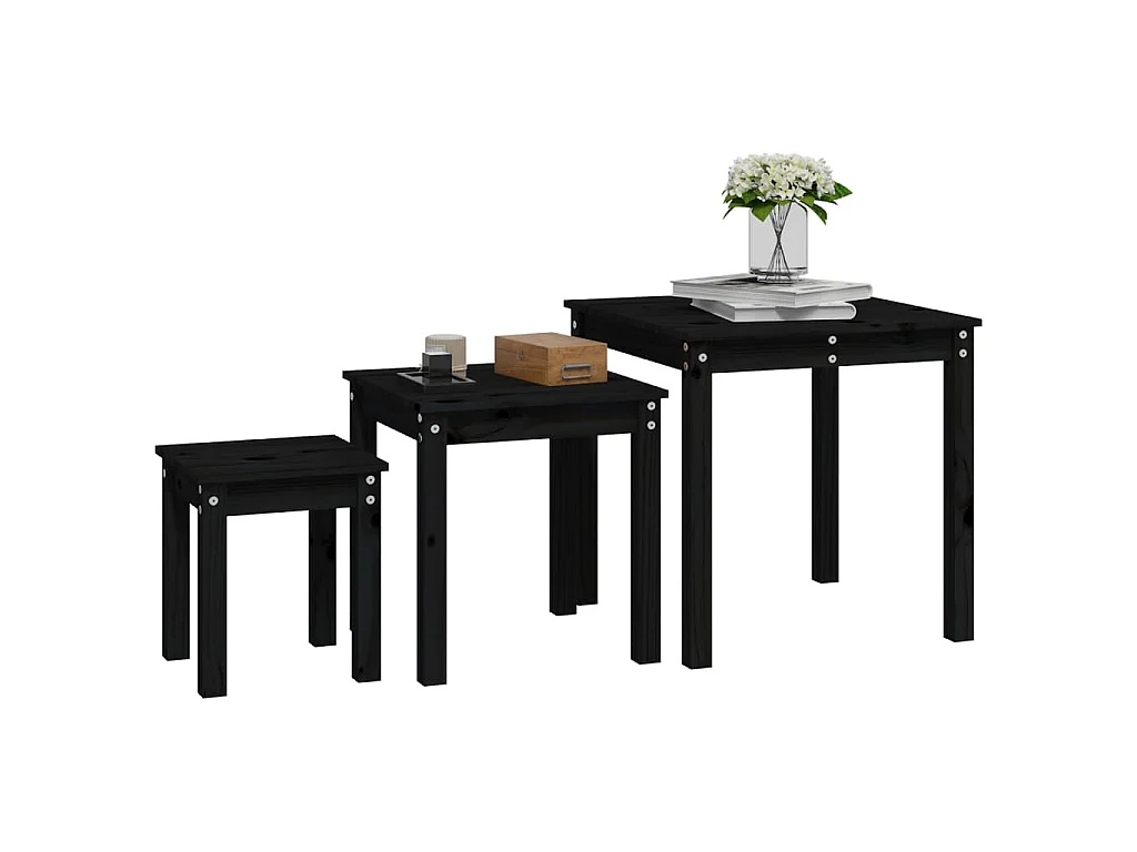 Tables gigognes 3 pcs Noir Bois de pin massif