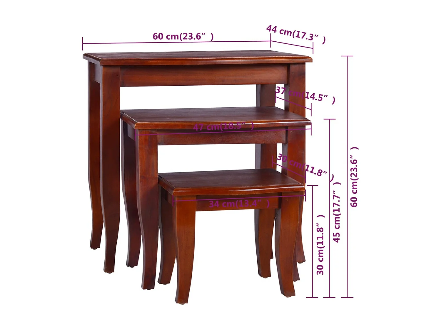 Tavolini Impilabili 3 pz Marrone Classico in Legno di Mogano