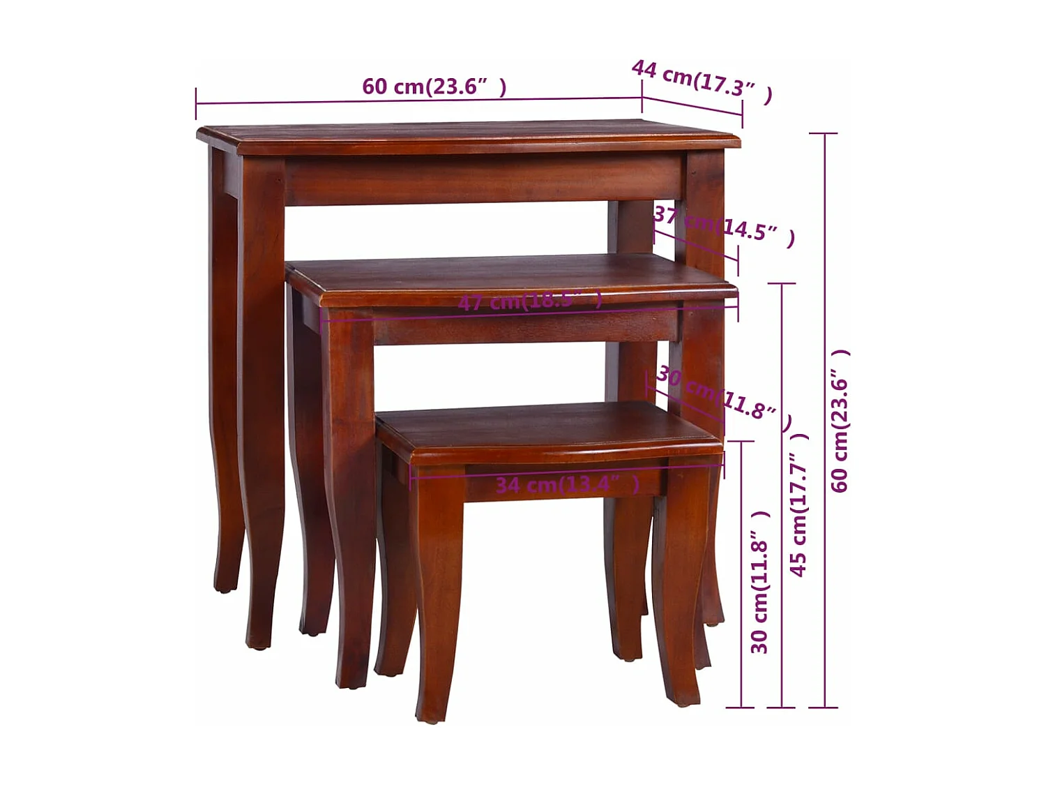 Tavolini Impilabili 3 pz Marrone Classico in Legno di Mogano