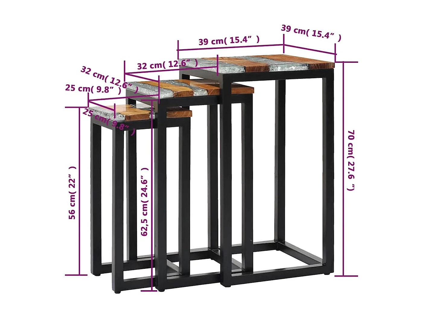 Tables gigognes 3 pcs Bois de teck massif et polyrésine