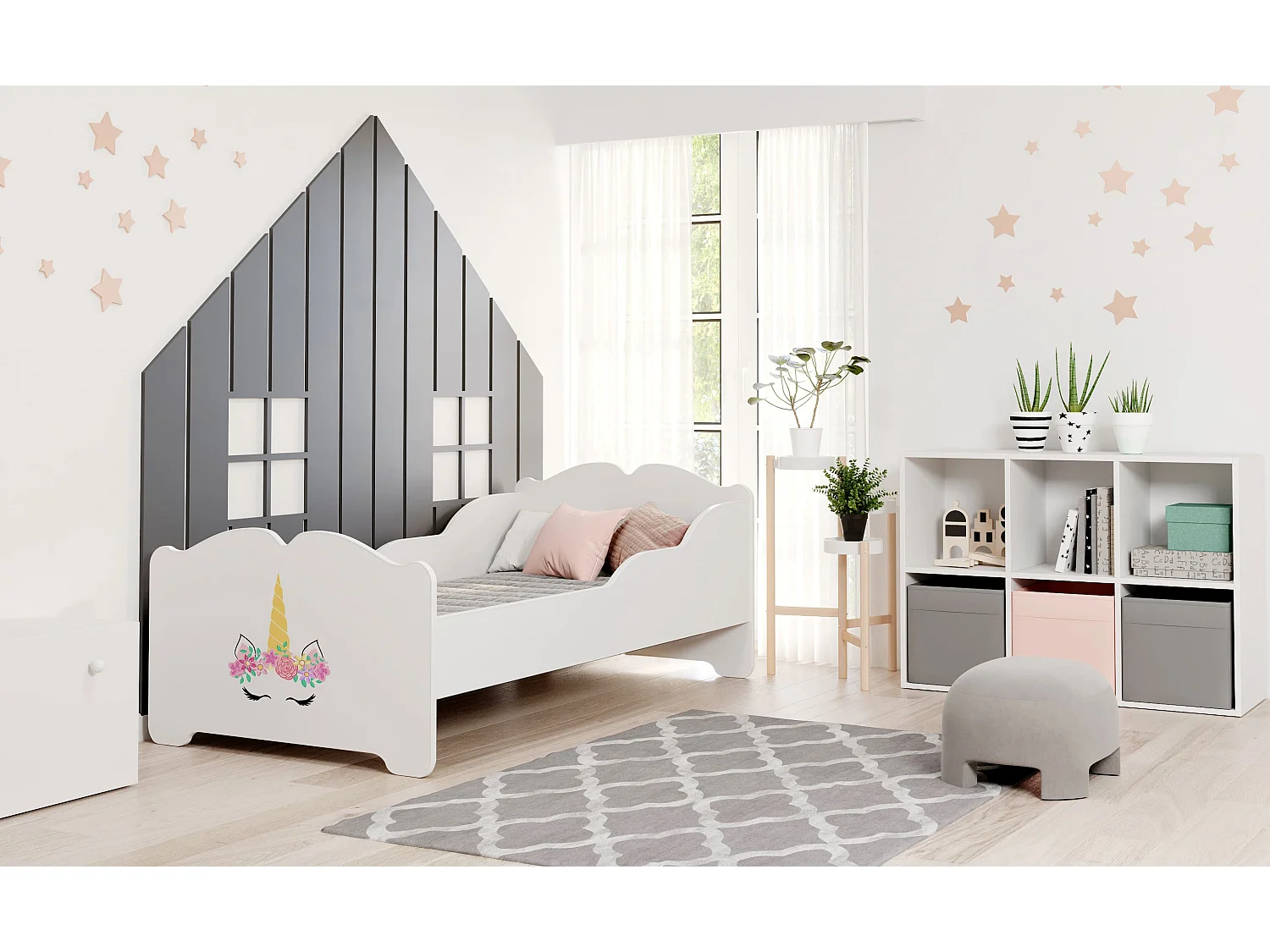 Lit enfant fille ALMENA avec matelas et cadre inclus - Licorne - 140 cm x 70 cm