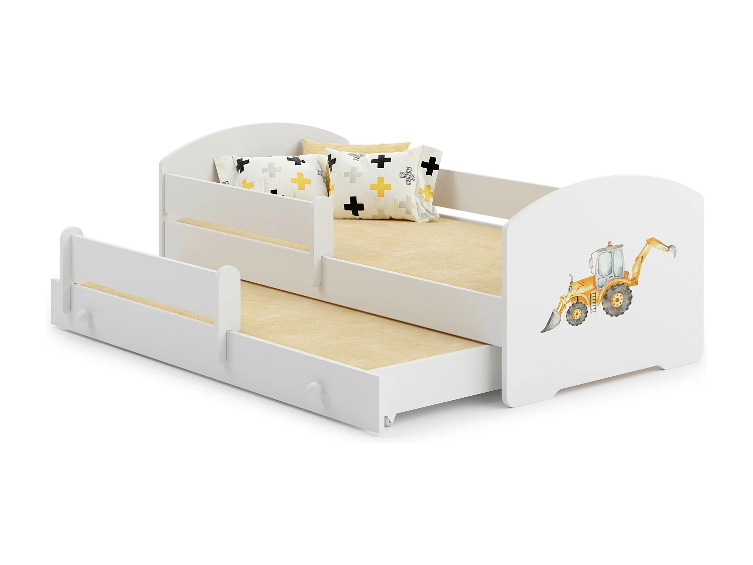 Lit gigogne enfant garçon blanc LOU - Pelleteuse - 2 x 160 cm x 80 cm