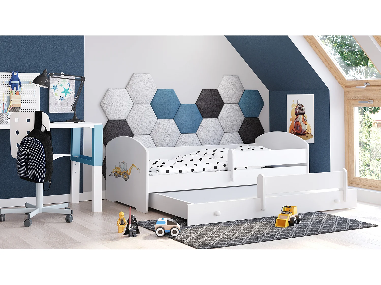 Lit gigogne enfant garçon blanc LOU - Pelleteuse - 2 x 160 cm x 80 cm