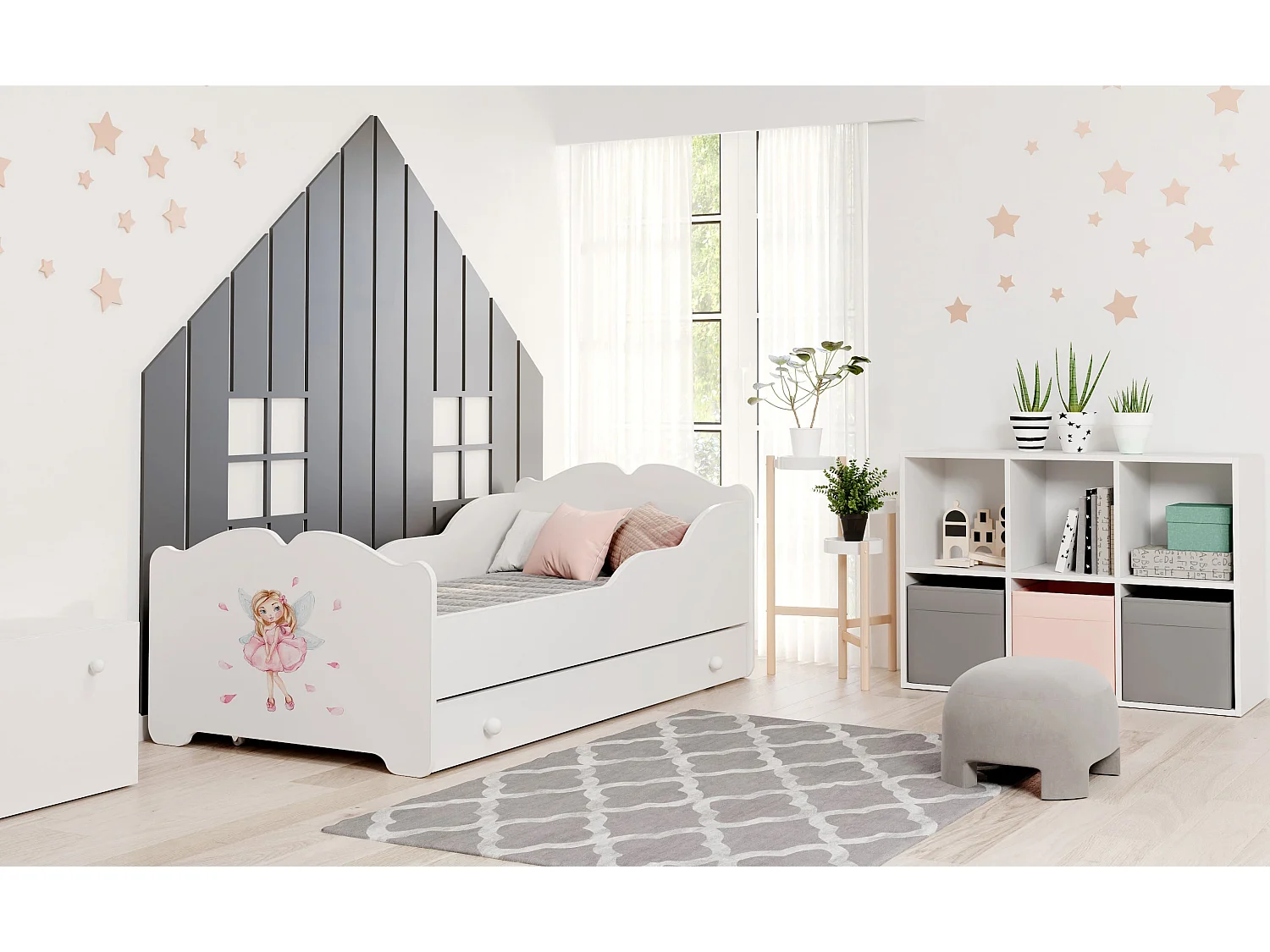 Lit enfant fille ALMENA avec tiroir matelas et cadre inclus - Fée rose - 140 cm x 70 cm
