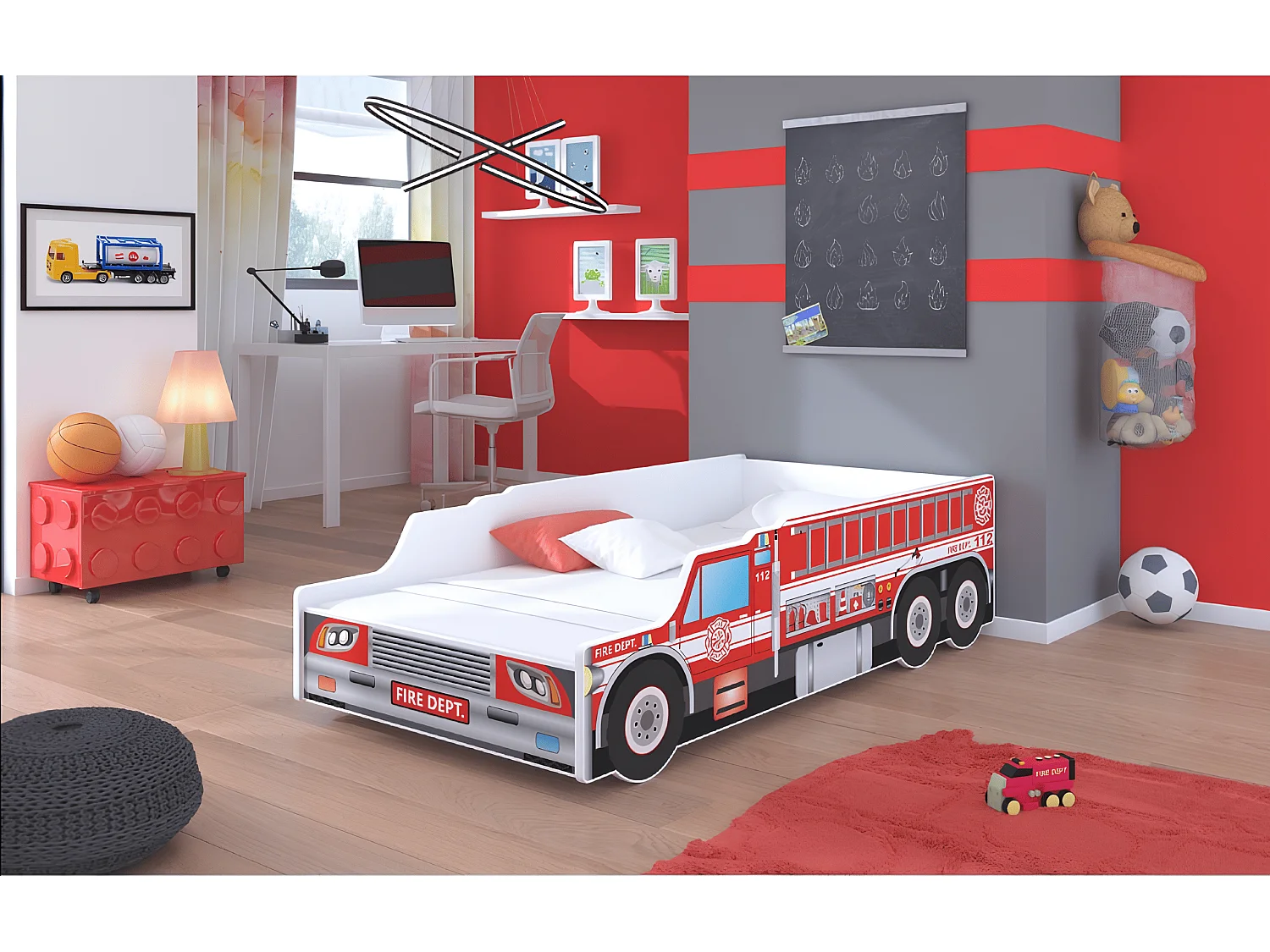 Lit enfant pour garçon Camion de pompier avec matelas et sommier inclus - 140 cm x 70 cm