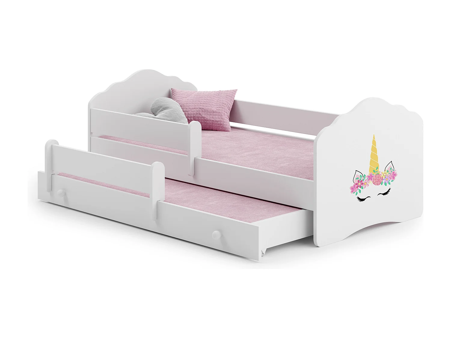 Lit gigogne enfant fille blanc FIONA avec sommier et matelas - Licorne - 2 x 160 cm x 80 cm