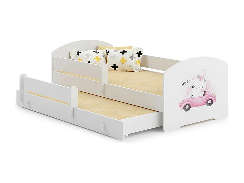 Lit gigogne enfant fille blanc LOU - Chat et voiture rose - 2 x 160 cm x 80 cm