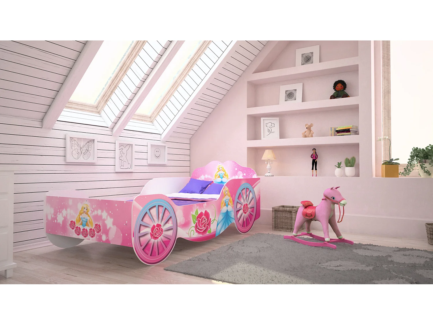 Lit enfant fille Calèche de Princesse avec matelas et sommier inclus - 140 cm x 70 cm