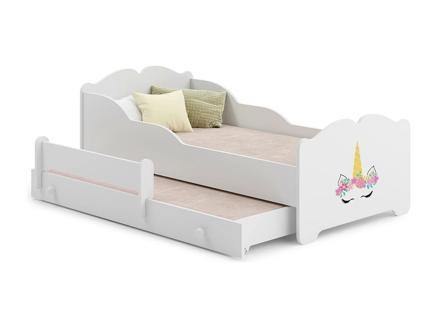Lit gigogne enfant fille blanc ARMONA - Licorne - 2 x 160 cm x 80 cm