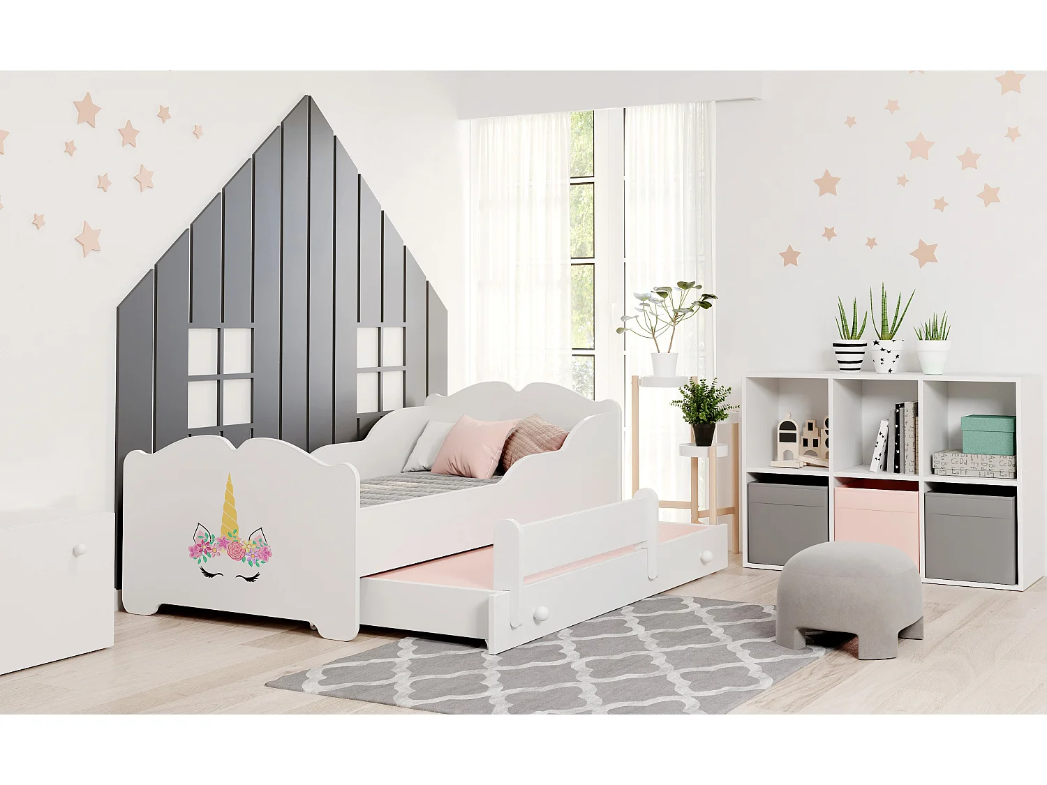 Lit gigogne enfant fille blanc ARMONA - Licorne - 2 x 160 cm x 80 cm
