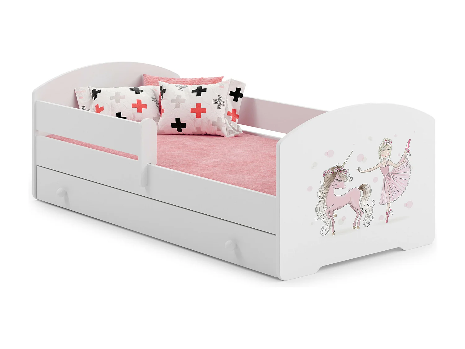 Lit enfant fille LOU avec tiroir balustrade et matelas inclus - Princesse et licorne roses - 160 cm x 80 cm