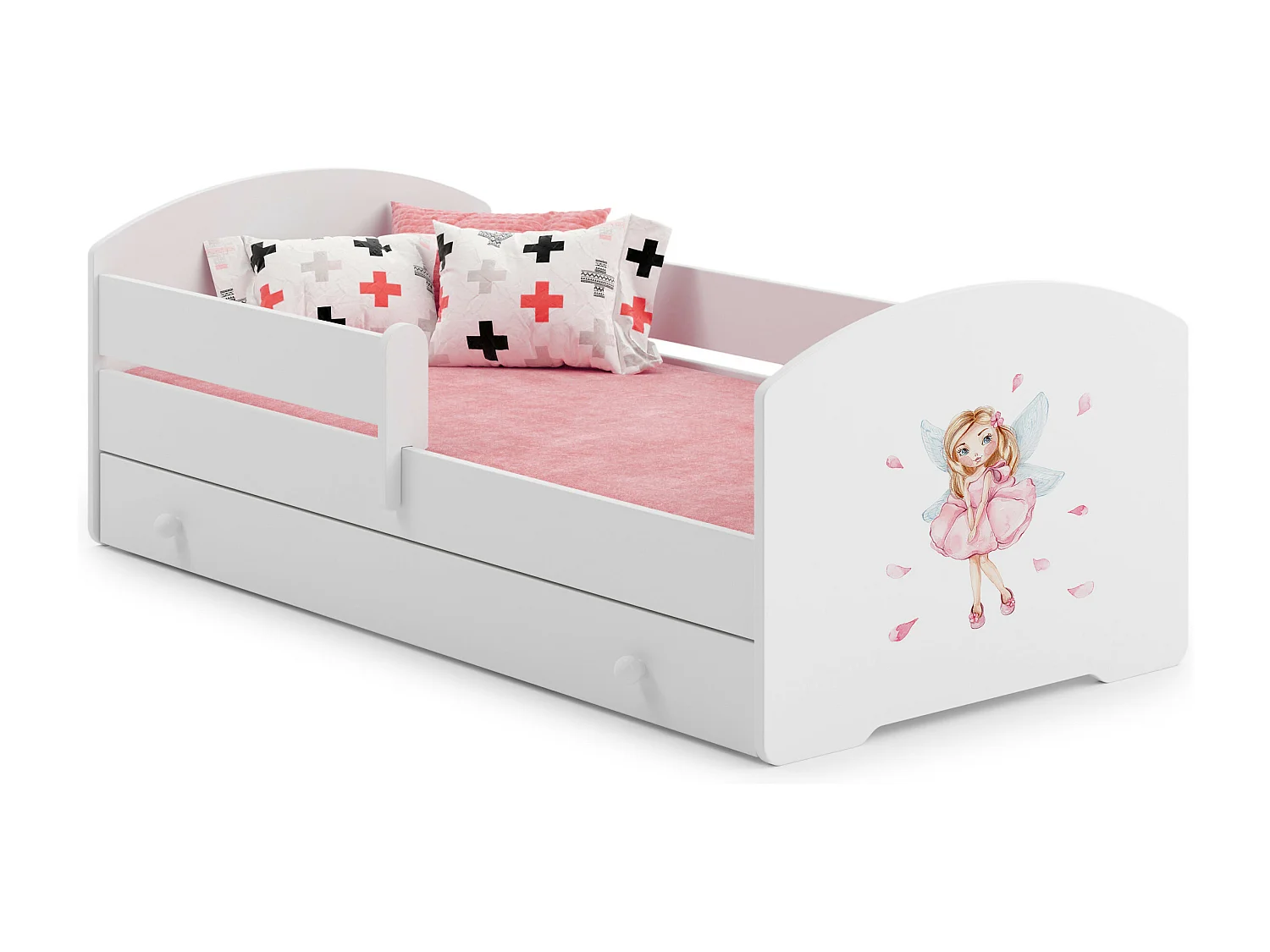 Lit enfant fille LOU avec tiroir balustrade et matelas inclus - Fée rose - 140 cm x 70 cm
