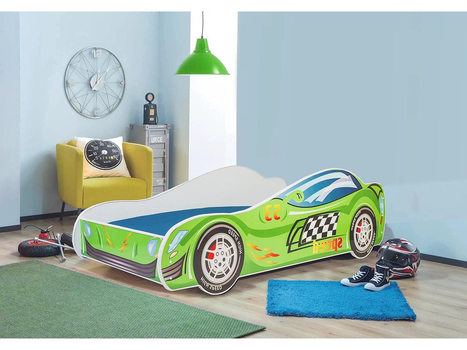 Lit enfant mixte garçons et filles voiture de course verte avec matelas et sommier inclus - 140 cm x 70 cm