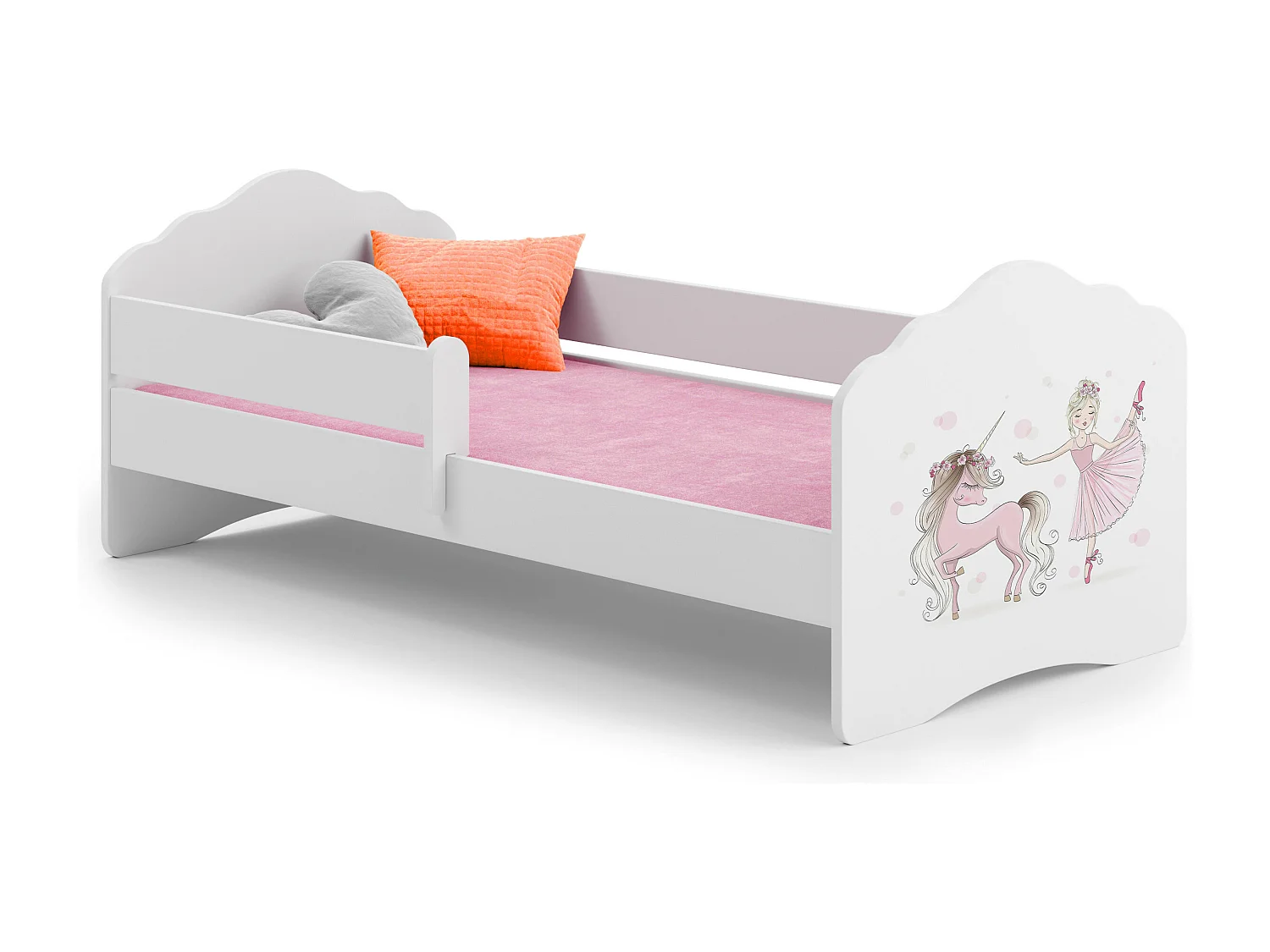 Lit enfant fille FIONA avec balustrade et matelas - Princesse et licorne roses - 160 cm x 80 cm
