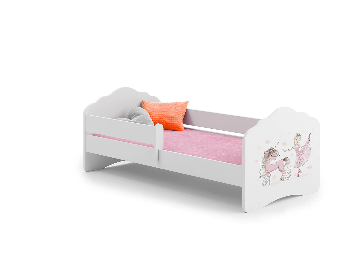 Lit enfant fille FIONA avec balustrade et matelas - Princesse et licorne roses - 160 cm x 80 cm