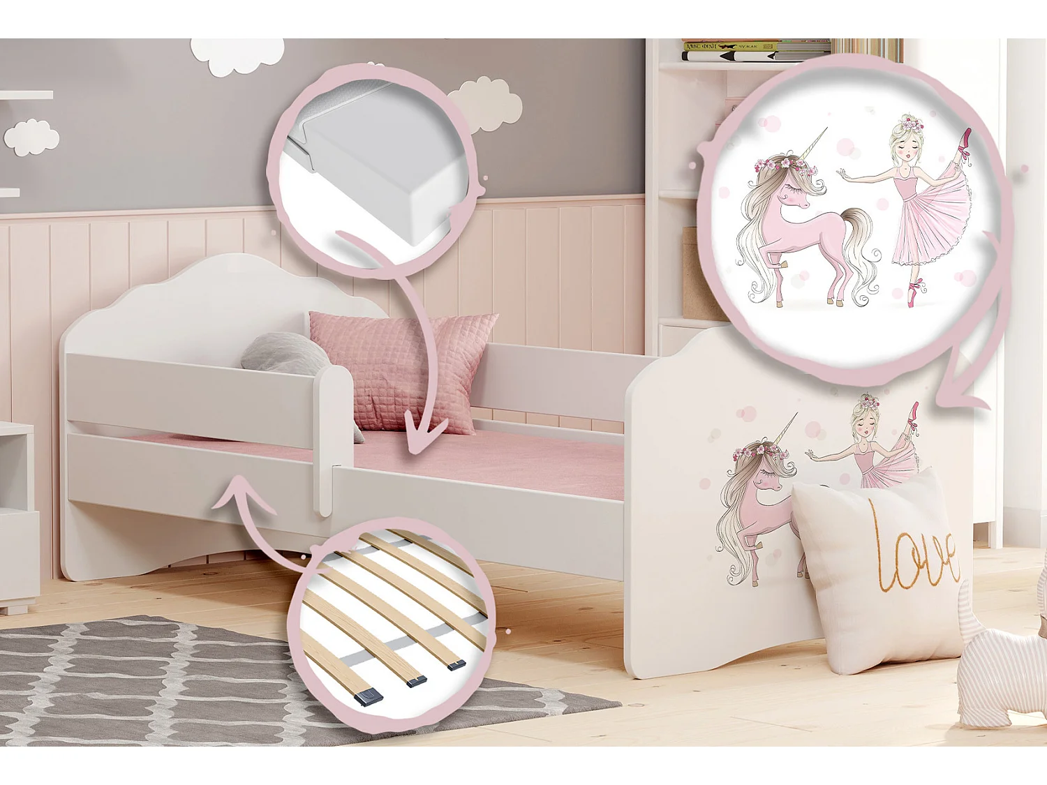 Lit enfant fille FIONA avec balustrade et matelas - Princesse et licorne roses - 160 cm x 80 cm