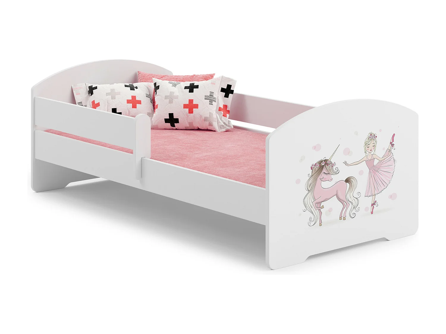 Lit enfant fille LOU avec balustrade et matelas inclus - Princesse et licorne roses - 140 cm x 70 cm
