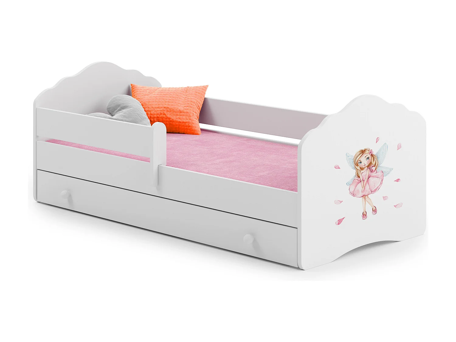 Lit enfant fille FIONA avec tiroir balustrade et matelas inclus - Fée rose - 140 cm x 70 cm
