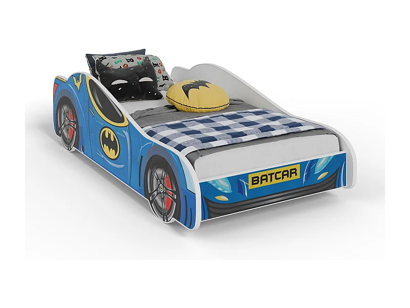 Lit enfant pour garçon voiture de Batman Batcar, Batmobile - bleu avec matelas et sommier inclus - 160 cm x 80 cm